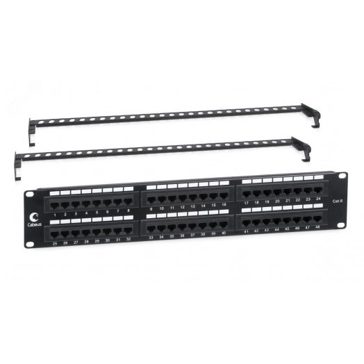 Патч-панель PL-48-Cat.6-Dual IDC 19' (2U), 48 портов RJ-45, категория 6, Dual IDC, с задним кабельным организатором