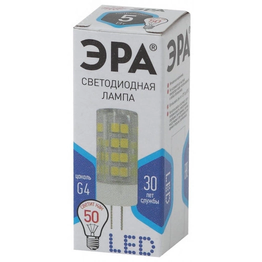Лампы СВЕТОДИОДНЫЕ СТАНДАРТ LED JC-5W-220V-CER-840-G4 ЭРА (диод, капсула, 5Вт, нейтр, G4)
