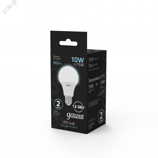 Лампа светодиодная LED 10 Вт 860 Лм 4100K белая E27 A60 AC/DC 12-36 В Black Gauss
