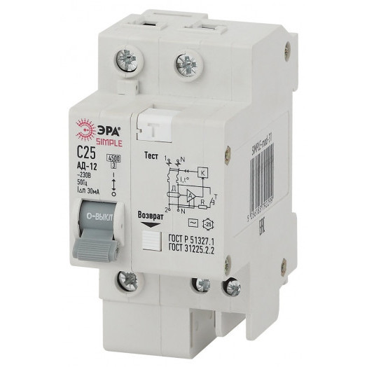 Автоматический выключатель дифференциального тока S SIMPLE-mod-33 АД-12 (AC) C40 30mA 6кА 1P+N ЭРА