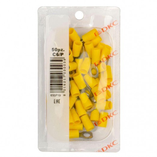 Наконечник кольцевой изолированный 2.5-6кв.мм отв. d6.2мм желт. (уп.50шт) DKC 2C6P Наконечник кольцевой изолированный 2.5-6кв.мм отв. d6.2мм желт. (уп.50шт) DKC 2C6P