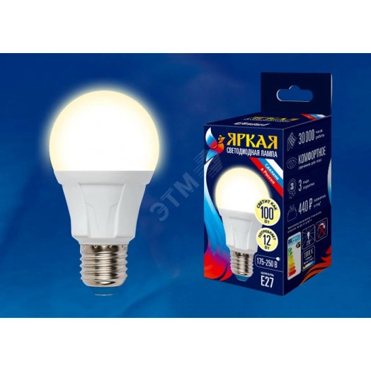 Лампа светодиодная LED 12вт 175-250В форма А 1050Лм E27 3000К Uniel ЯРКАЯ