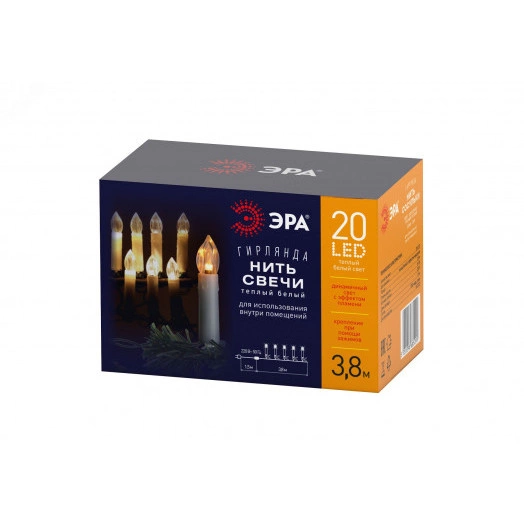 Гирлянда нить Свечи, теплый белый, 3,8 м, 220 V, длина провода 1,5 м, 20 LED, IP20 ЕGNIG - CAN ЭРА