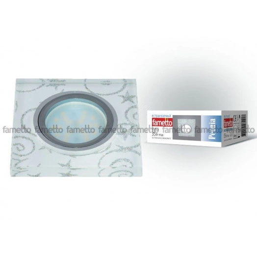 DLS-P203 GU5.3 CHROME/WHITE Светильник декоративный встраиваемый, серия Peonia. Квадратный. Без лампы, цоколь GU5.3. Металл/стекло. Хром/белый+серебро. ТМ Fametto