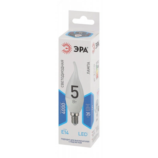 Лампа светодиодная LED BXS-5W-840-E14 (диод, свеча на ветру, 5Вт, нейтр, E14 (10/100/2800) ЭРА