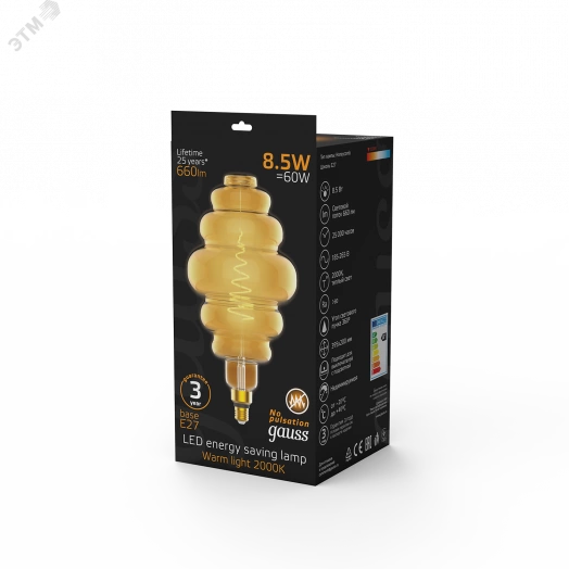 Лампа светодиодная LED 8.5 Вт 660 Лм 2000К теплая Е27 Honeycomb golden Filament Gauss