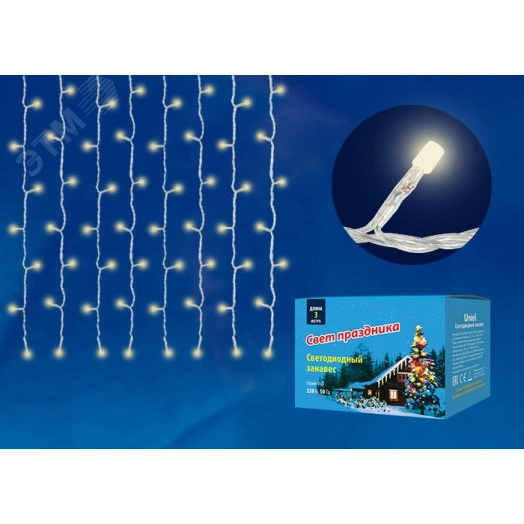 Занавес светодиодный с контроллером 1.5х1.5м 160  светодиодов, теплый белый свет, провод прозрачный