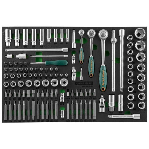 Набор головок торцевых 1/4'', 3/8'', 1/2''DR с аксессуарами и вставками-битами в EVA ложементе 560x400 мм, 121 предмет