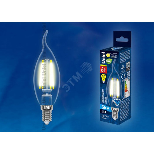 Лампа светодиодная LED 6вт 200-250В свеча на ветру прозрачное 500Лм Е14 3000К Uniel Sky филамент
