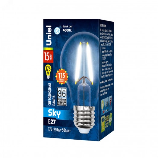 Лампа светодиодная LED-A60-15W/4000K/E27/CL PLS02WH Форма A прозрачная Серия Sky Белый свет (4000K) Картон ТМ Uniel