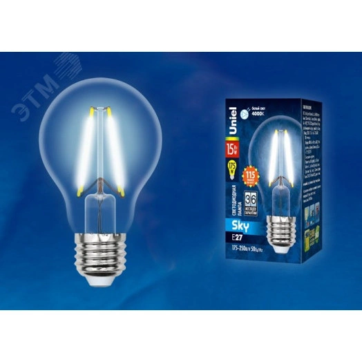 Лампа светодиодная LED-A60-15W/4000K/E27/CL PLS02WH Форма A прозрачная Серия Sky Белый свет (4000K) Картон ТМ Uniel
