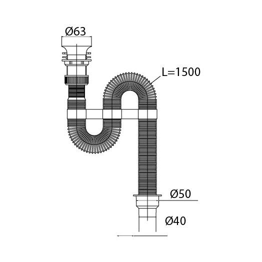 Сифон VIR гофрированный 1.5 м D40/50, пластиковая чашка D63 мм