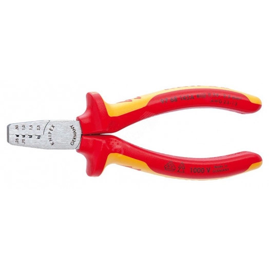 Пресс-клещи VDE 1000V для обжима контактных гильз 4 гнезда 025-25мм (AWG 23-13) L=145мм двухкомпонентные рукоятки диэлектрические