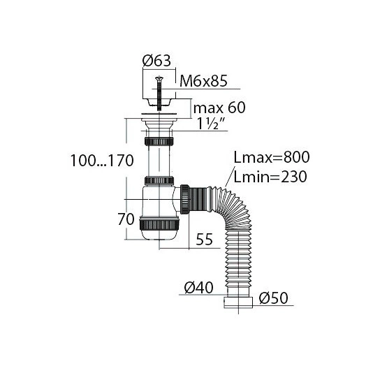 Сифон МИНИ ЭЛИТ для раковин 1'1/2 x 40/50 мм с нержавеющей чашкой 63 мм и с гофротрубой L800 мм