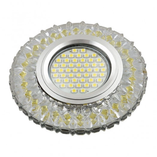 DLS-L138 GU5.3 GLASSY/GOLD Светильник декоративный встраиваемый, серия Luciole. Без лампы, GU5.3. Доп. светодиодная подсветка 3Вт. Стекло. Зеркальный/прозрачный+светло-желтый. ТМ Fametto