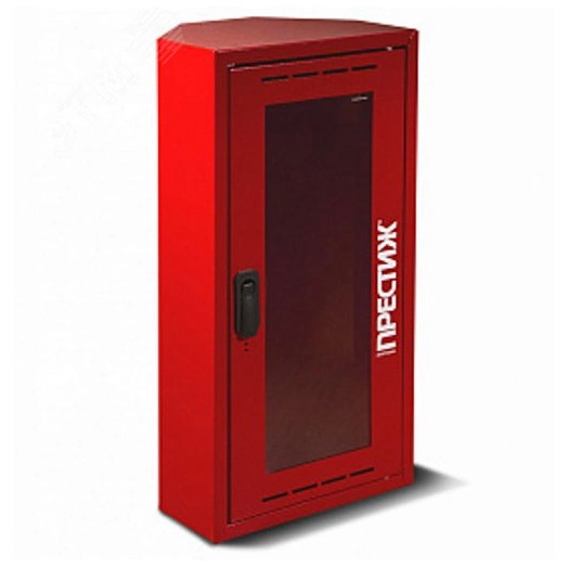 Шкаф пожарный для огнетушителя навесной с окном угловой Престиж 320х230х650 красный
