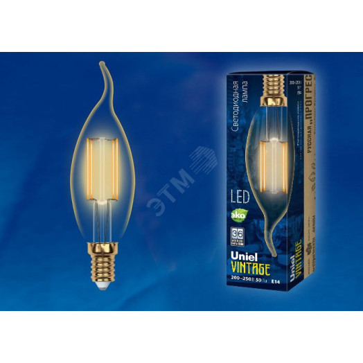Лампа светодиодная декоративная LED 5вт 220-250В свеча на ветру 420Лм Е14 2250К золотая колба Uniel Vintage