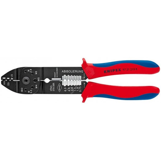 Пресс-клещи для резки и зачистки кабеля опрессовки кабельных наконечников и штекеров 3 гнезда обжим штекеров открытых неизолированныеованных (63 мм ширина): 05-25 мм (AWG 20 - 13) j рез медных и латунных шпилек: М26 3 35 4 и 5 L-230 мм чёрные 2-