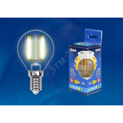Лампа светодиодная с трехступенчатым диммером 100-50-10 LED 5вт 175-250В шар 420Лм Е14 3000К Uniel Multibrigh филамент