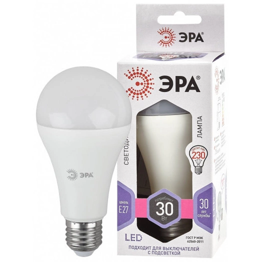 LED лампа A65-30W-860-E27 ЭРА (диод, груша, 30Вт, холодный, E27) (10/100/1200)