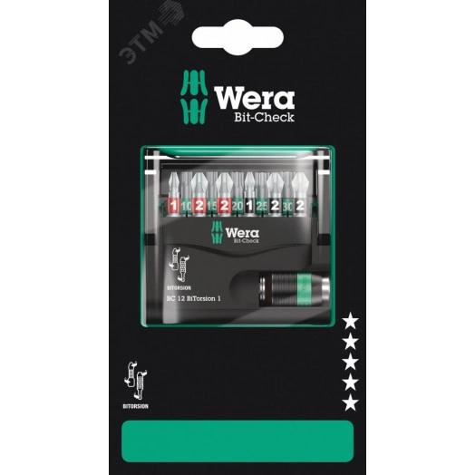 Набор бит биторсионных с битодержателем Bit-Check 12 BiTorsion 1 SB. 12 предметов с держателем-еврослот для подвеса комплектация: 1x 889/4/1 K Универсальный держатель Rapidaptor 1/4 x 50 мм 3x 851/1 BTZ Насадки: PH 1x25 2x PH 2x25 3x 855/1 BTZ Н