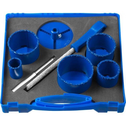 Набор кольцевых коронок ''Профессионал'' c карбид-вольфрамовым нанесением, 8 предм. в кейсе: коронки d 33, 53, 67, 73, 83 мм, основание, сверло