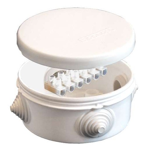 Коробка распределительная ОП d90х45мм IP54 с клемм. 4 выхода 4 гермоввода 10А 6 контактов крышка защелкивающаяся бел. Epplast 140143