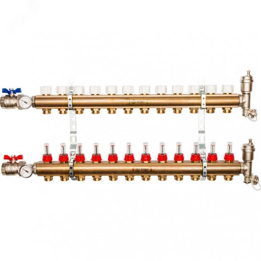 Коллекторная группа латунная 1' на 12 выходов со втроенными расходомерами