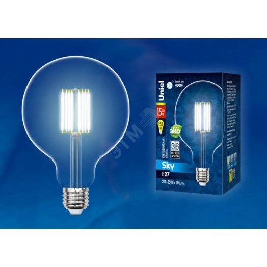 LED-G125-15W/4000K/E27/CL PLS02WH Лампа светодиодная. Форма ''шар'', прозрачная. Серия Sky. Белый свет (4000K). Картон. ТМ Uniel.''