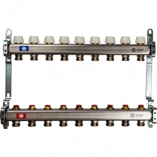 Блок коллекторный с ручными регулировочными клапанами 1' х 9 выходов 3/4' НР евроконус