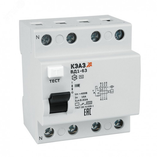 Выключатель дифференциального тока (УЗО) без защиты от сверхтоков 4П 16А 30мА ВД1-63-4216-А-УХЛ4-КЭАЗ