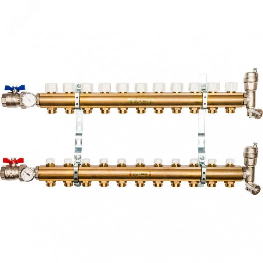 Коллектор распределительный на 11 выходов, без    расходомеров, латунь