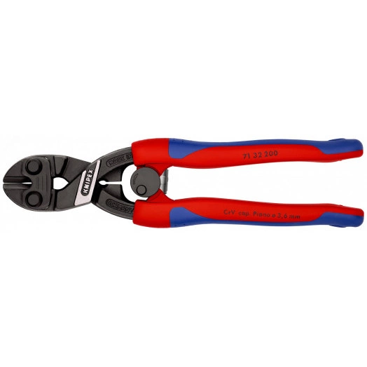 Болторез компактный CoBolT с пружиной с выемкой на кромках мягкая проволока 6мм проволока средней твердости 52мм твердая проволока 4мм рояльная струна (HRC 59) 36мм L=200мм двухкомпонентные рукоятки цвет черный