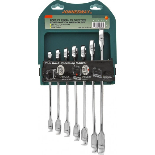 Набор ключей гаечных комбинированных трещоточных на держателе, 10-19 мм, 7 предметов