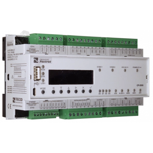 Центральный контроллер CP-2000 CP-2000, CPU/1core, 2xETH100/10,128kB databox, LCD 20mm, 1x RS232, CH1-4, 4xAI/DI, 3xDI/230VAC, 2xRO, 2xCIB