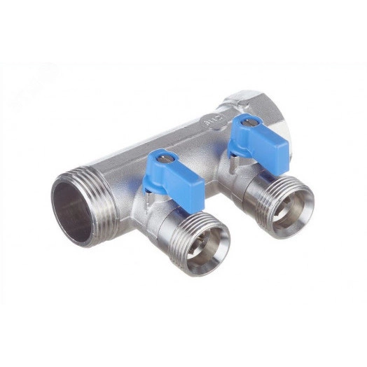 Коллектор 1' с синими шаровыми кранами, 2 выхода 3/4'НР под евроконус