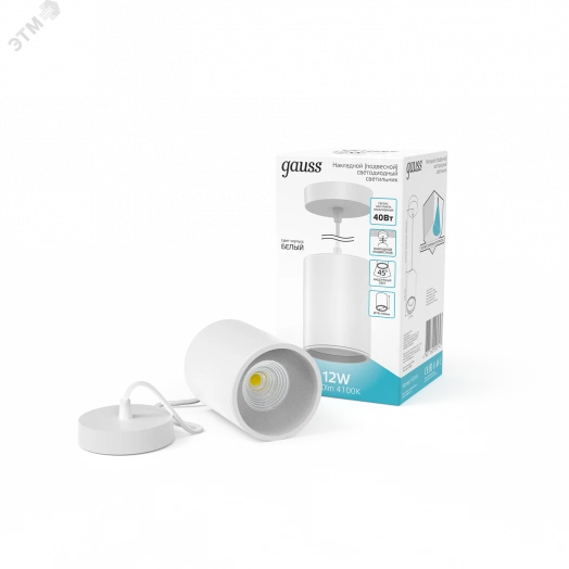 Светильник светодиодный ДПО 12 Вт 650 Лм 4100К цилинндр на подвесе 170-240 В 79х100 мм IP20 белый LED Overhead Gauss