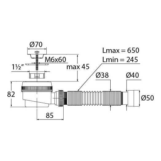 Сифон для душевого поддона с нержавеющей чашкой D70 мм и с гофротрубой 1'1/2 - D40/50