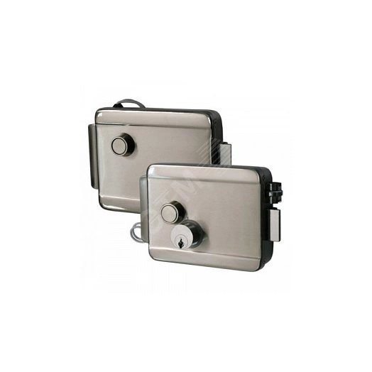 Замок накладной, НЗ, универсальный DIN, цилинр снаружи, кнопка изнутри, питание 12VDC/1А, -40°+50°С, никелированная сталь.