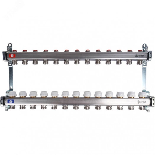 Блок коллекторный с ручными регулировочными клапанами 1' х 13 выходов 3/4' НР евроконус