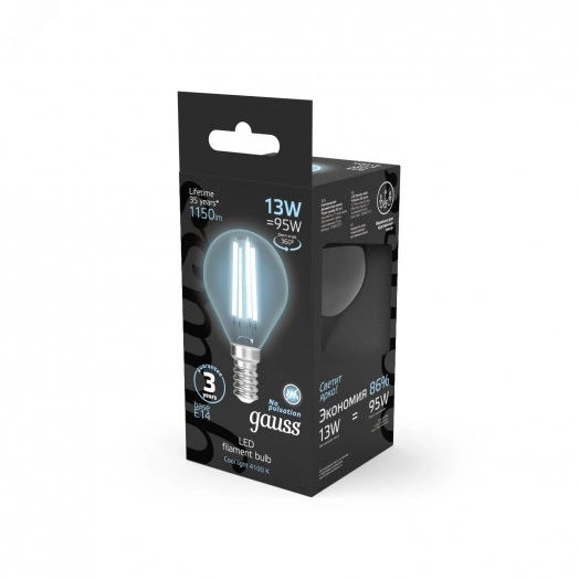 Лампа светодиодная LED 13Вт 1150Лм 4100К белая Е14 Шар Filament Gauss