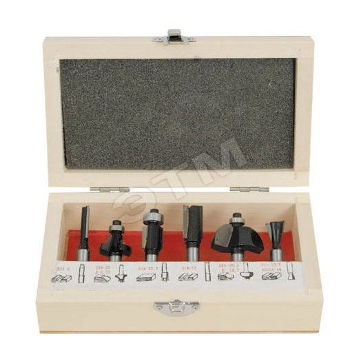 Фрезы по дереву кромочные, набор 6 шт, деревянный бокс, хвостовик 8 мм