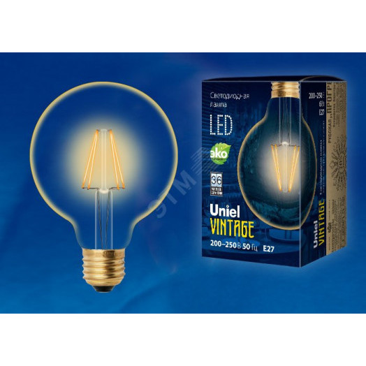 Лампа светодиодная декоративная LED 6вт 220-250В шар G95 510Лм Е27 2250К золотая колба Uniel Vintage