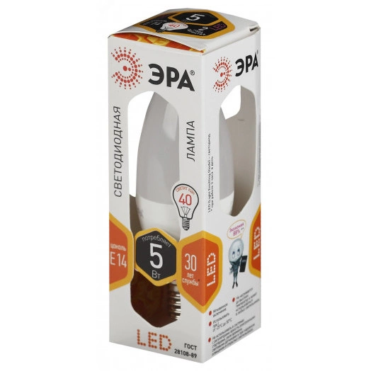 Лампа светодиодная LED B35-5W-827-E14 (диод, свеча, 5Вт, тепл, E14 (10/100/3500) ЭРА