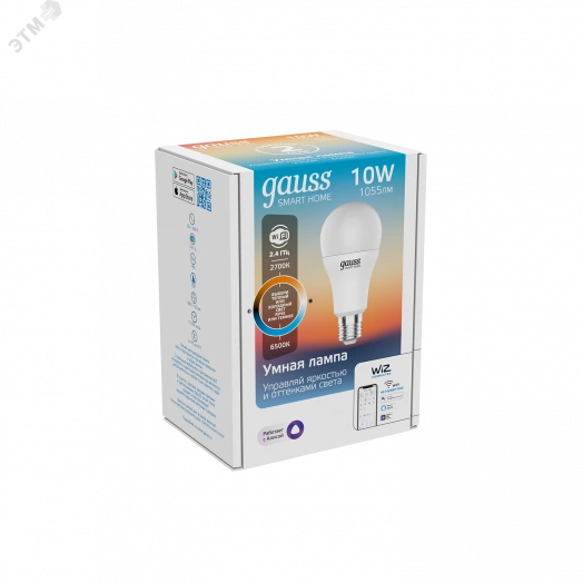 Лампа светодиодная умная LED 10 Вт 1055 Лм 2700-6500К E27 A60 изм.цвет.темп.+диммирование управление по Wi-Fi Smart Home Gauss