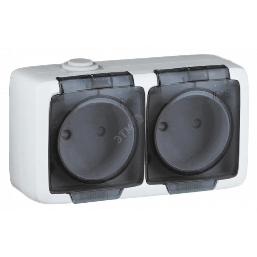 Alfa Розетка двухместная, с пылевлагозащитой, со шторками, открытой установки, белый