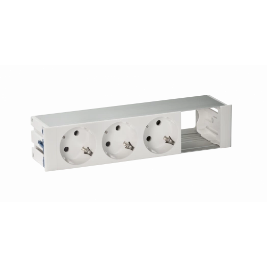 Врезной розеточный блок с крышкой, ввод щетка, 3x2P+E, 1 пустое отверстие, белый, Simon 400