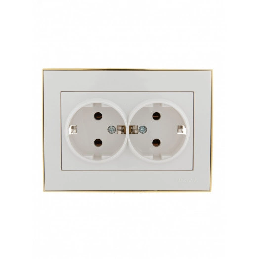 Розетка RAIN двойная с/з керамика белая с боковой вставкой золото, 1 шт