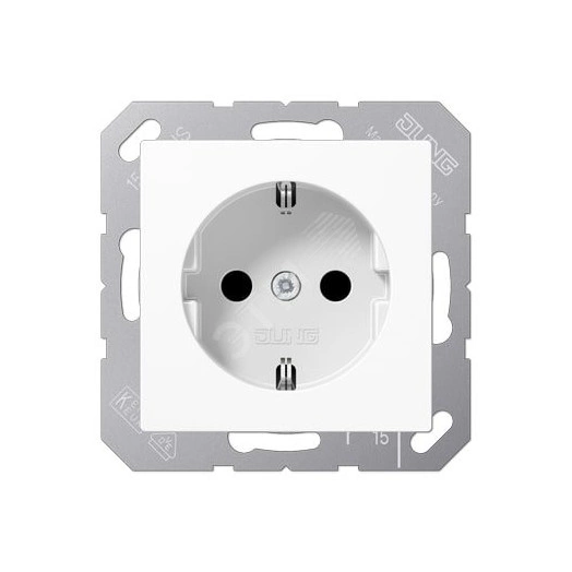 Штепсельная розетка SCHUKO одинарная, с заземлением, с шторками, 16A, 250В  (механизм + накладка, без рамки). Серия A500  Материал- термопласт  Цвет- белый