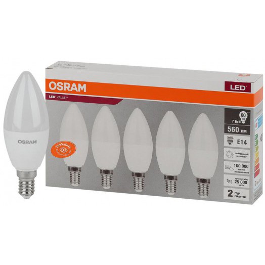 Лампа светодиодная LED Value LVCLB60 7SW/840 свеча матовая E14 230В 2х5 RU (уп.5шт) OSRAM 4058075577954